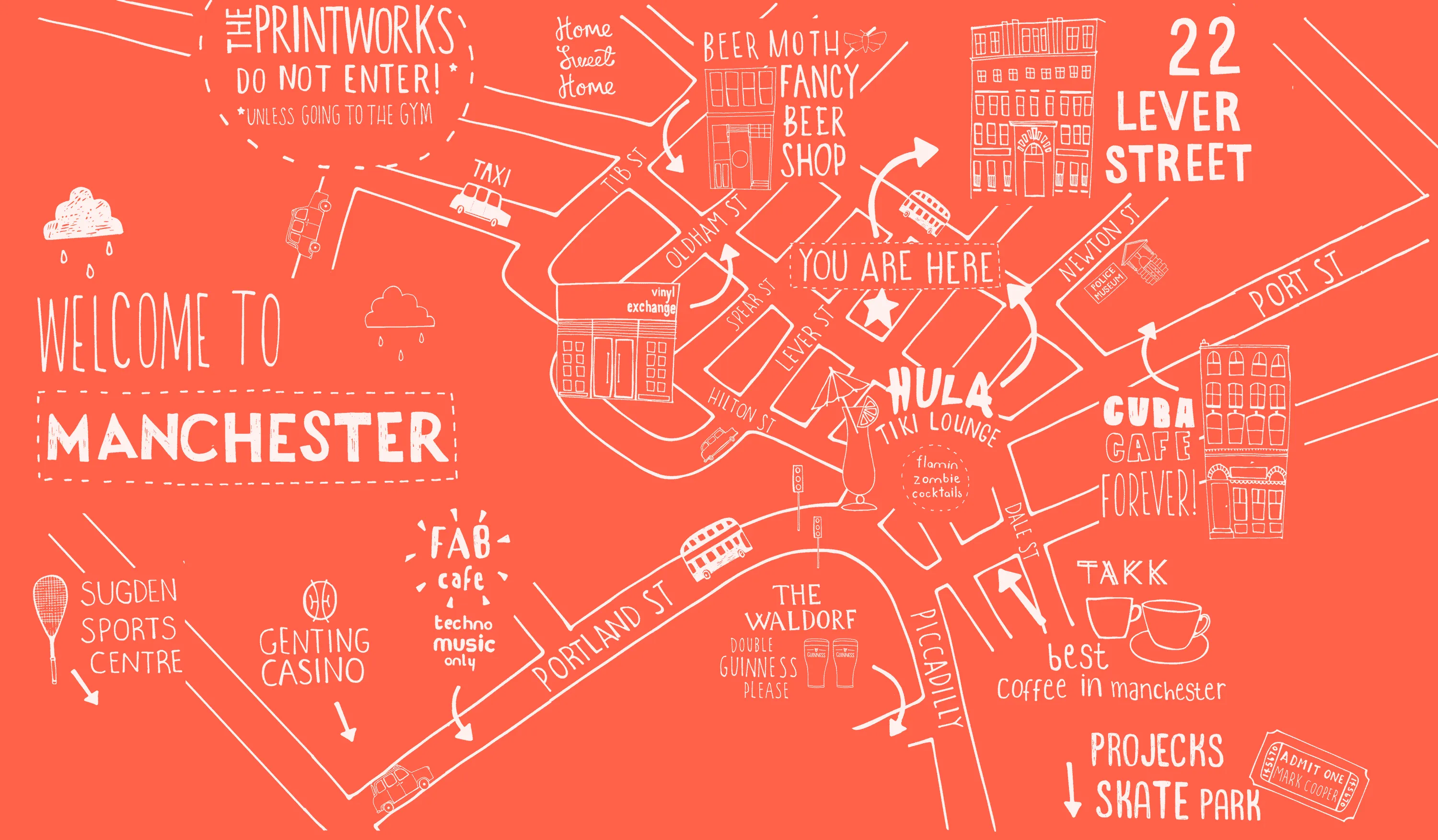 An illustrated map of Manchester highlighting Stage Two's favourite places around the city.